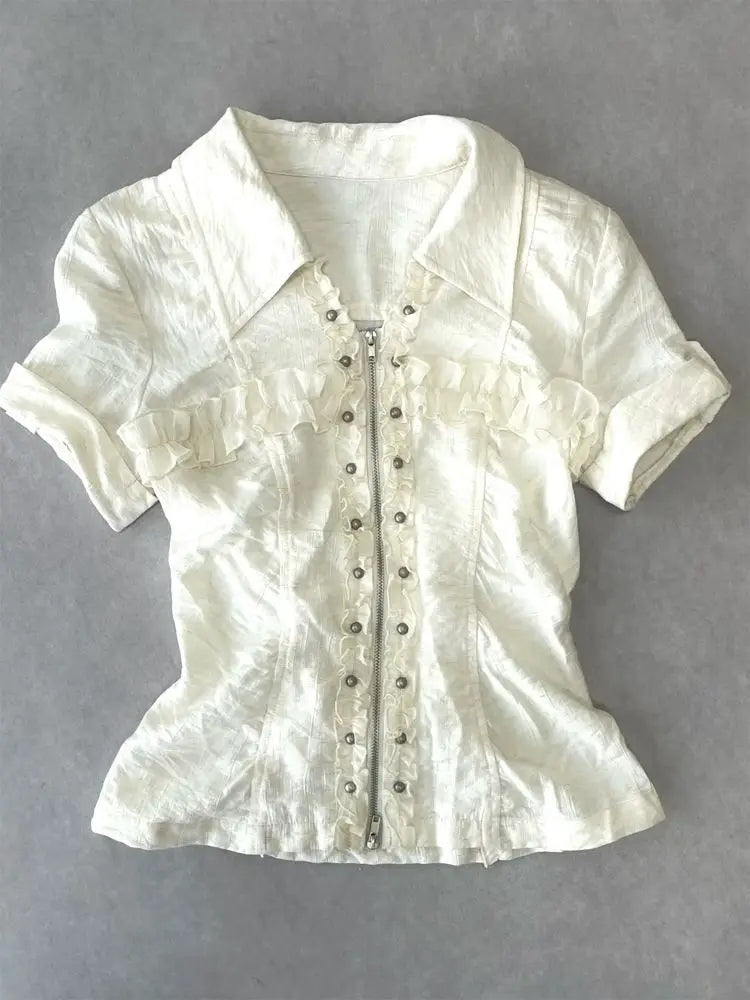 Punk Kleider 2 Stück Harajuku Gyaru Streetwear Reißverschluss Shirt Kurzarm Polo Neck Mode Y2k Minirock Vintage 2000er Jahre Kleid So ist Leben