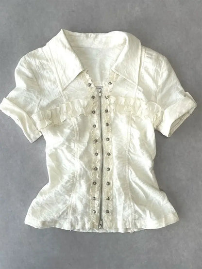 Punk Kleider 2 Stück Harajuku Gyaru Streetwear Reißverschluss Shirt Kurzarm Polo Neck Mode Y2k Minirock Vintage 2000er Jahre Kleid So ist Leben