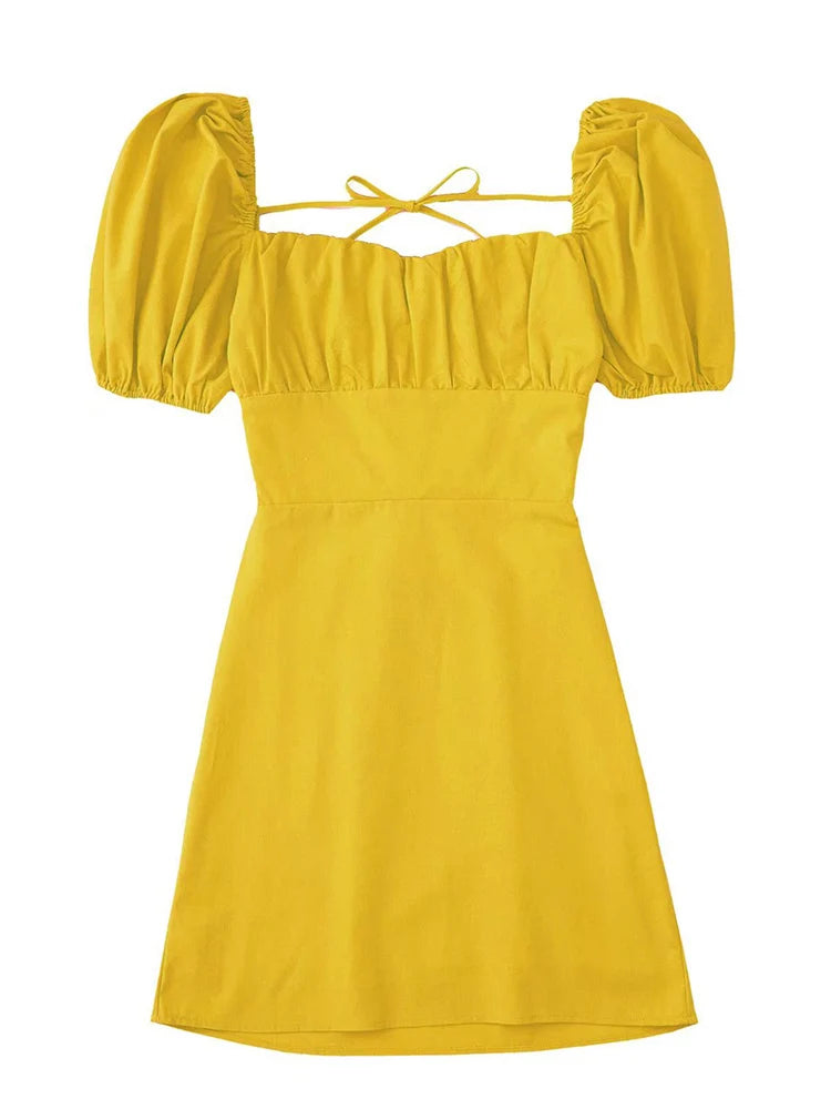 Frauen weiße Mode Leinen mischung Kleid weibliche quadratische Hals kurze Puff ärmel rücken freie Crossover-Träger Kleid für Frauen So ist Leben