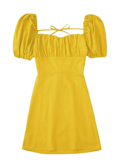Frauen weiße Mode Leinen mischung Kleid weibliche quadratische Hals kurze Puff ärmel rücken freie Crossover-Träger Kleid für Frauen So ist Leben