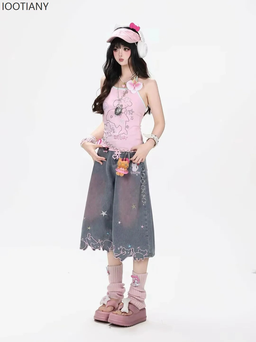 Damen High-Waist Jeans mit Niedlicher Cartoon-Katzen-Stickerei, Vintage Y2K Kleidung, Wadenlange Denim-Hosen, Harajuku Blaue Streetwear So ist Leben