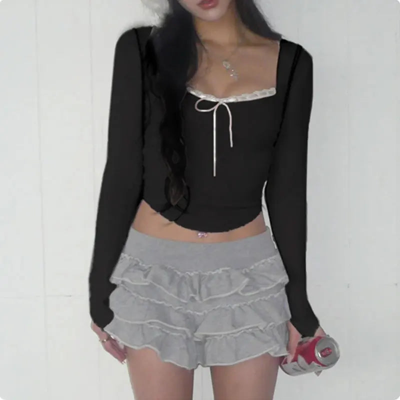 Mooyu süße Bandage-Schleife, abgeschnittenes Top, rosa, süße Kokette, süße T-Shirts, Herbst, Frühling, lässig, quadratischer Kragen, T-Shirts für Damen, y2k-Ästhetik - So ist Leben