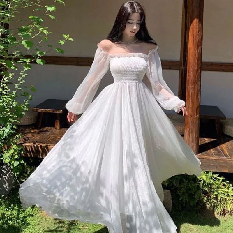 Strandurlaub Partykleid Damen Elegantes Weißes Feenhaftes Chiffon Langes Kleid Damen Süßes Schulterfreies Boho Maxikleid So ist Leben