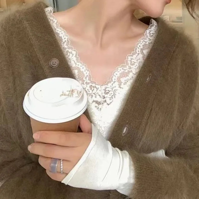 Weiße Spitze T-Shirts Frauen Basic gespleißt zarte sexy Damen Französisch Stil ästhetische Langarm schlanke sanfte Winter Innen oberteile - So ist Leben