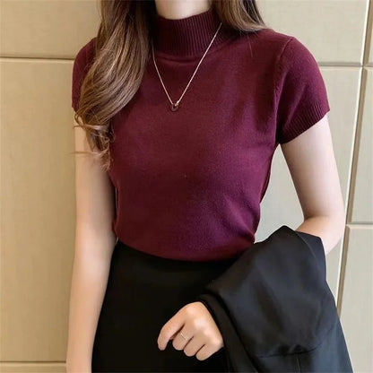 Frauen Frühling Sommer Gestrickte Pullover Pullover Dame Casual Rollkragen Einfarbig Kurzarm Bluse Pullover So ist Leben