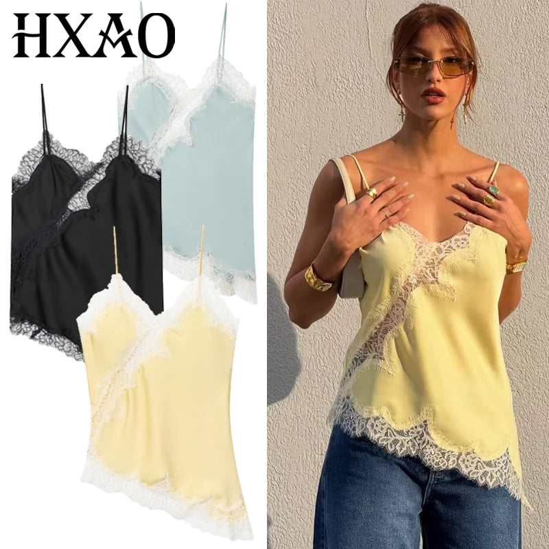 HXAO 2025 Frau Asymmetrisches Slip-Top Frauen Sexy Schwarz Gelb Blau Top Spitze Tanks & Camis Chic Y2K ärmelloses rückenfreies Leibchen So ist Leben