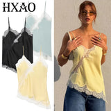 HXAO 2025 Frau Asymmetrisches Slip-Top Frauen Sexy Schwarz Gelb Blau Top Spitze Tanks & Camis Chic Y2K ärmelloses rückenfreies Leibchen So ist Leben
