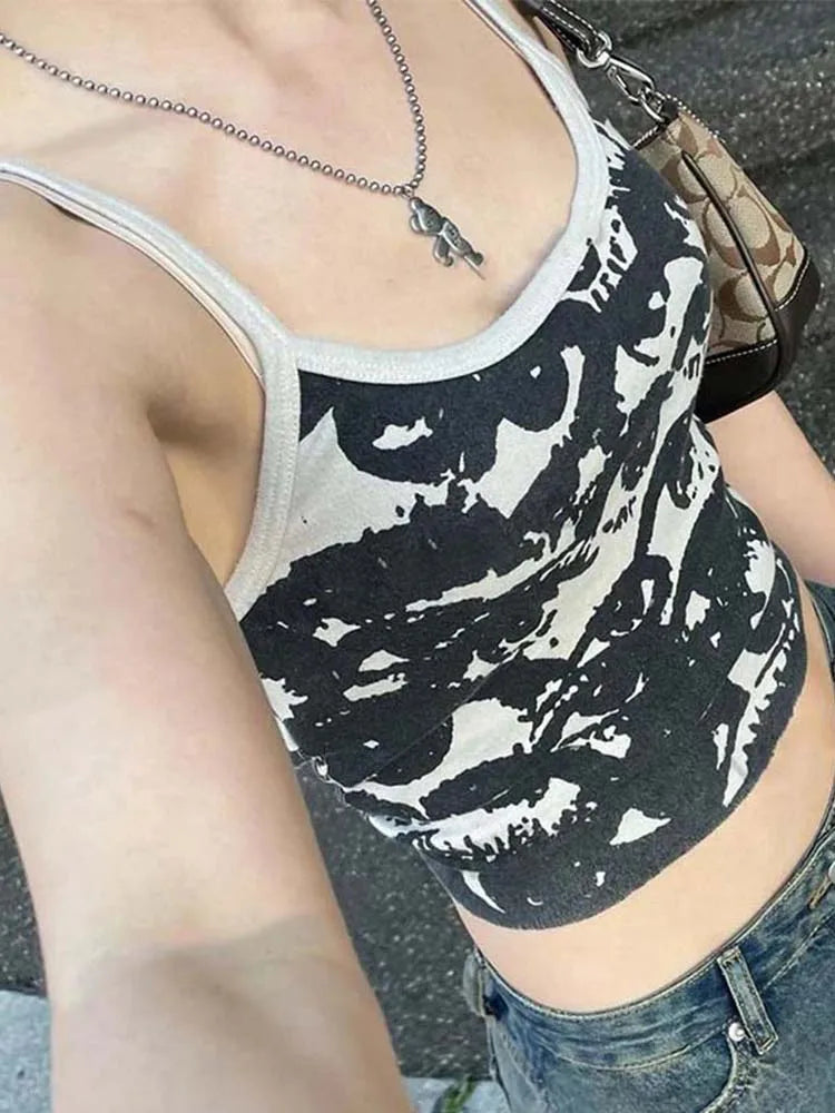 Gothic Porträt Druck T-shirt Ästhetischen Y2K Crop Tops Kurzarm Weste Tees Harajuku Streetwear Weiß Hosenträger Frauen Kleidung So ist Leben