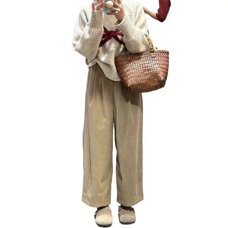 Hohe Taille Cord Hosen frauen Verdickt Fleece Herbst Winter Neue Stil Casual Lose Gerade Bein Abnehmen Breite Bein Hosen So ist Leben