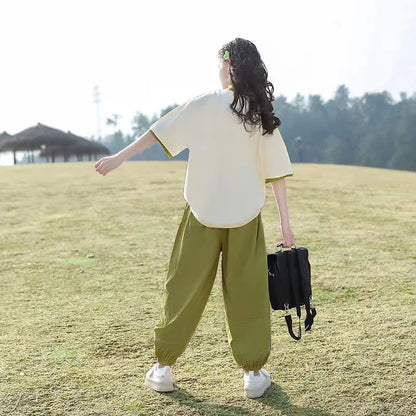 2026 Sommer Kinder-Set Mädchen Trainingsanzug Buchstaben-T-Shirt + Grüne Sport-Hose mit Knöchelbündchen für Kinder und Teenager 5 6 7 8 9 10 11 12 Jahre So ist Leben