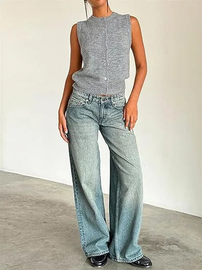 Retro Amerikanische Low-Waist Jeans ohne Stretch, Gerades Bein, Damen-Herbstmode, Weites Bein, Frischer Süßer Stil, Baumwolle So ist Leben