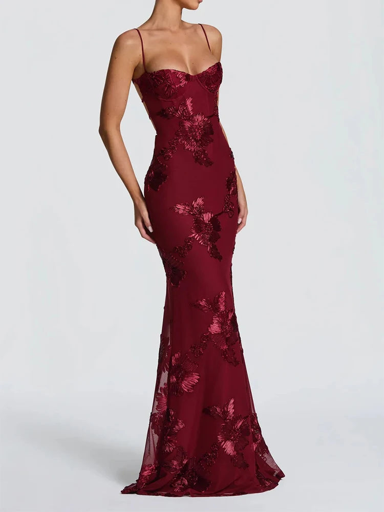 Französisches Rückenfreies Einfarbiges Elegantes Abendkleid mit Trägern, Blumenmuster, Hochwertiges Bankettkleid, Schlankes Kleid So ist Leben