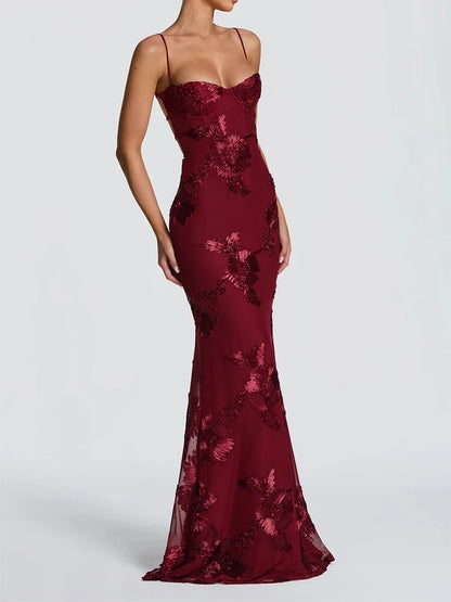 Französisches Rückenfreies Einfarbiges Elegantes Abendkleid mit Trägern, Blumenmuster, Hochwertiges Bankettkleid, Schlankes Kleid So ist Leben