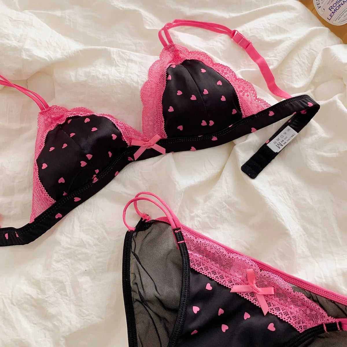 KUCLUT BH-Set, süßer Triangel-BH aus Satin mit französischer Spitze, für kleine Brüste, geraffte Unterwäsche ohne Stahlring, dünner BH So ist Leben