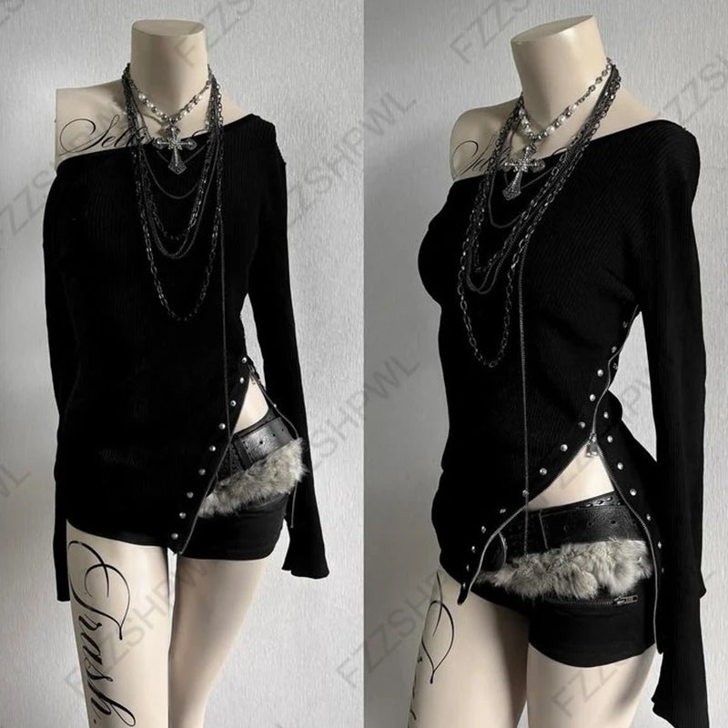 Gothic Y2K Damen Langarm T-Shirt Sexy Slim Fit Chic Slash Neck Zipper Design Crop Top Rock Punk Hip Hop Damen Streetwear So ist Leben