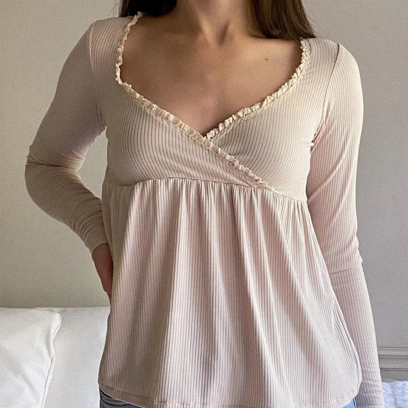 Coquette Vintage Milkmaid Pullover T-Shirts Süßes Y2K geripptes Babydoll Langarm Top Preppy Rüschenbesatz V-Ausschnitt T-Shirt Herbstkleidung So ist Leben