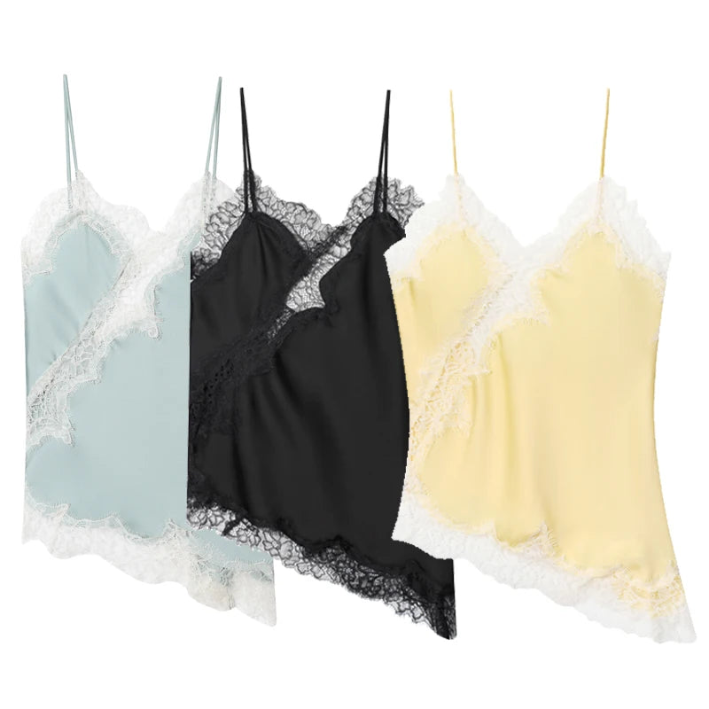 HXAO 2025 Frau Asymmetrisches Slip-Top Frauen Sexy Schwarz Gelb Blau Top Spitze Tanks & Camis Chic Y2K ärmelloses rückenfreies Leibchen So ist Leben
