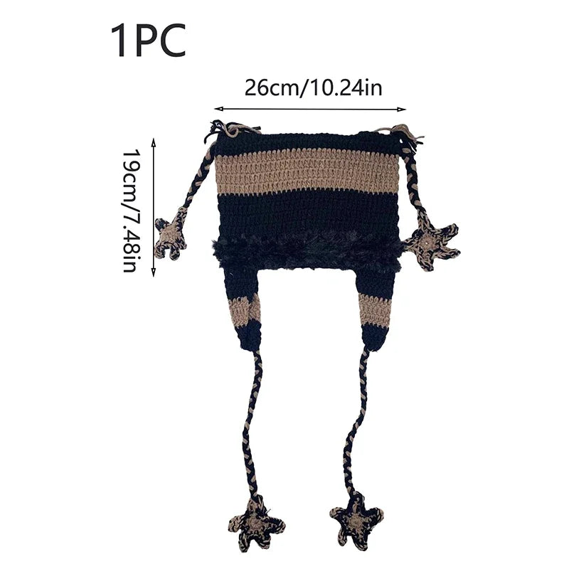 Japanische Designer Pentagramm Skullies Beanie Frauen Herbst Winter Warm Gehörschutz Handgemachte Gestrickte Hut Katzenohren Streifen Kappe Y2K So ist Leben
