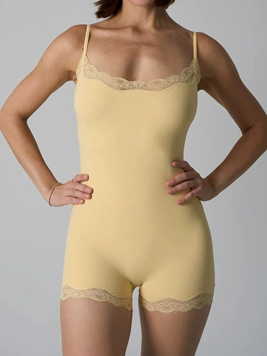 Spitze Trim Schlank Playsuits Frau Hohe Elastizität Verstellbaren Riemen Dünne Body Solide Mode Streetwear Glatte einteiliges Tops So ist Leben