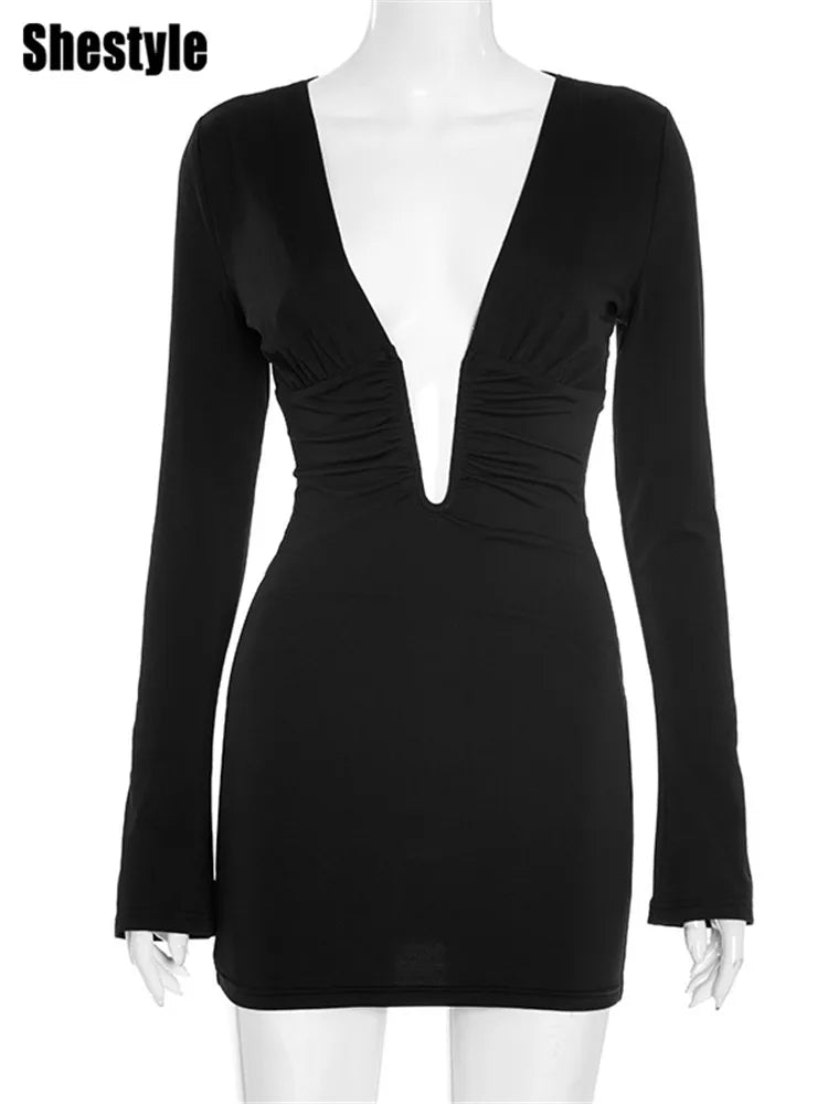 Shestyle Tiefem V-ausschnitt Sexy Partwear Kleider Mantel Solide Langarm Elegante Outfits Dehnbar Neue Ankunft Hautpflege Mode So ist Leben