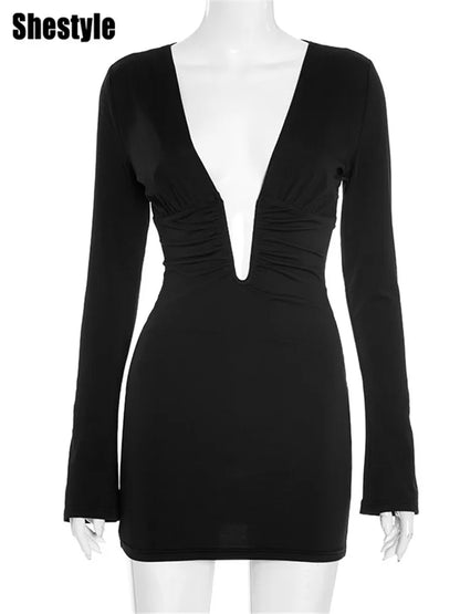 Shestyle Tiefem V-ausschnitt Sexy Partwear Kleider Mantel Solide Langarm Elegante Outfits Dehnbar Neue Ankunft Hautpflege Mode So ist Leben