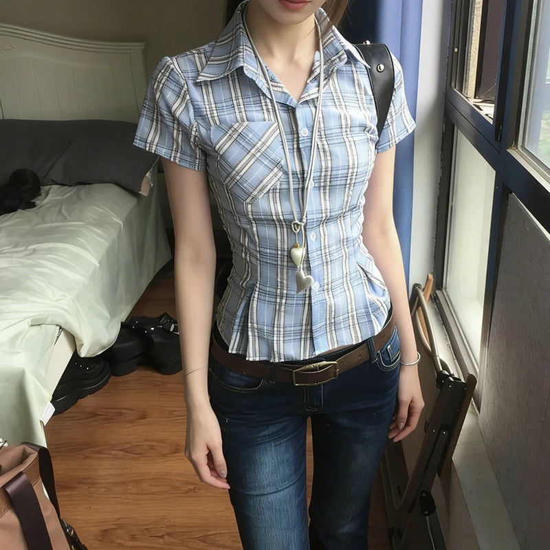 Genayooa Y2k Vintage-Shirt für Damen, kurzärmelig, karierte Bluse und Hemd, japanische 2000er-Jahre-T-Shirt-Tops, Streetwear, amerikanische Retro-Shirts So ist Leben