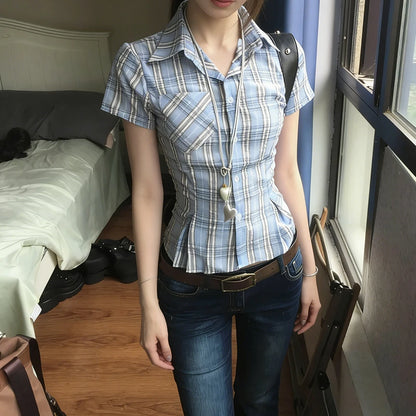 Genayooa Y2k Vintage-Shirt für Damen, kurzärmelig, karierte Bluse und Hemd, japanische 2000er-Jahre-T-Shirt-Tops, Streetwear, amerikanische Retro-Shirts So ist Leben
