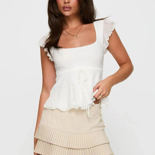 Kurzarm-T-Shirt mit Schleifenkragen, Bubbel-Saum und Holzrand, Kurzer Schnitt, Frühling Sommer Slim Fit Damen-Oberteil AE Lagerware So ist Leben