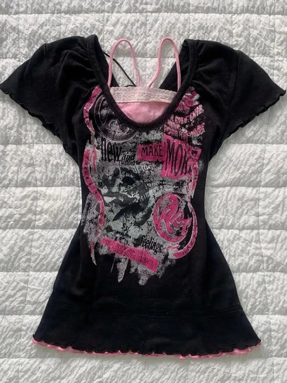 T-shirt Y2k Kleidung Gothic Punk 2000er Jahre Crop Top Mode Harajuku frauen kurzarm Shirt Süße Sling T shoujo mädchen Ästhetik So ist Leben