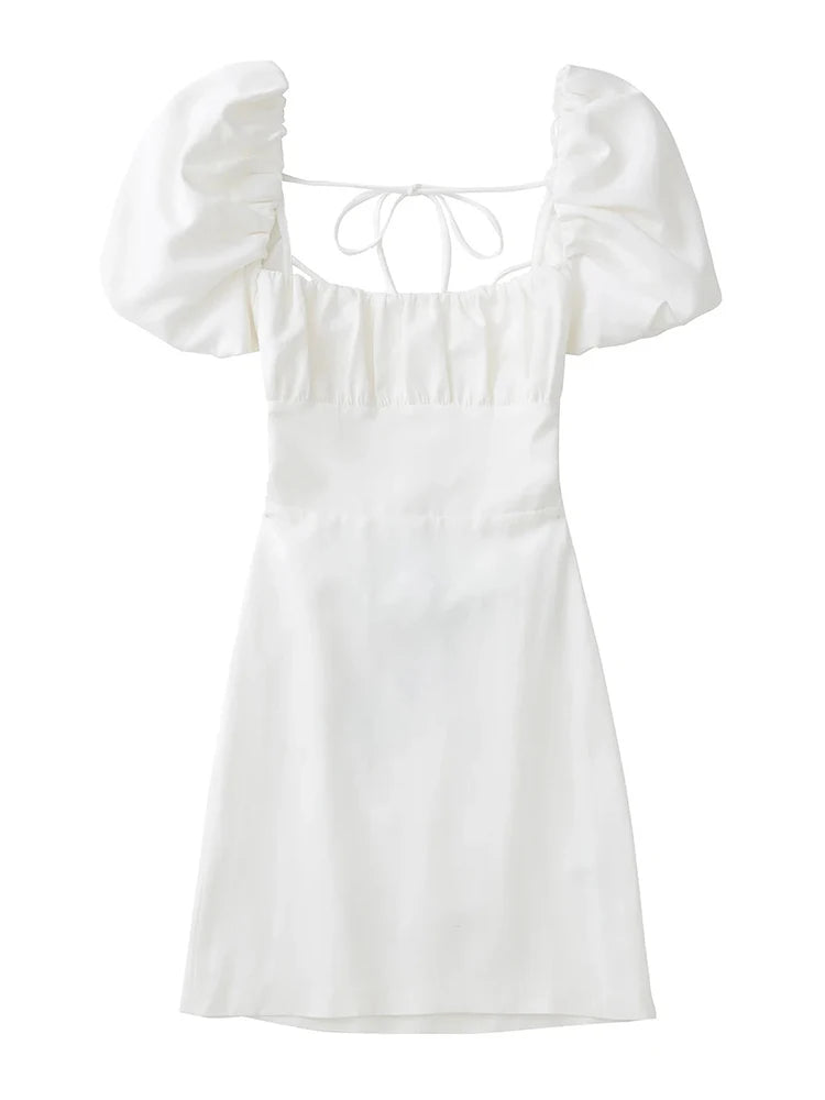 Frauen weiße Mode Leinen mischung Kleid weibliche quadratische Hals kurze Puff ärmel rücken freie Crossover-Träger Kleid für Frauen So ist Leben