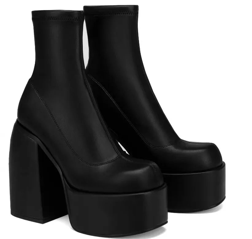 Damen Stiefeletten Mode Plateauschuhe Blockabsätze Damenstiefel Einfarbige Damen Pumps Sexy Lederstiefel Karree Botas So ist Leben