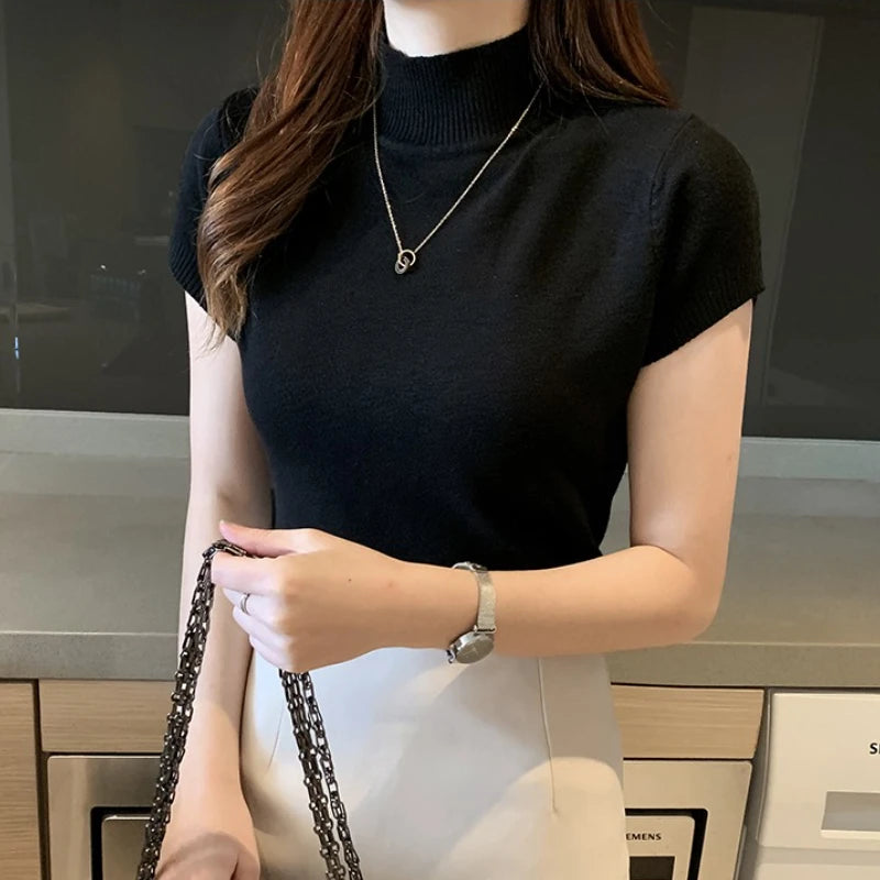 2025, mode Frau Pullover Kurzarm Herbst Tops Frauen Rollkragen Gestrickte Pullover Koreanischen Stil Elegante Feste Dünne Tops So ist Leben