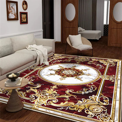 Wohnzimmer mit großem Teppich im roten Design im europäischen Stil - So ist Leben