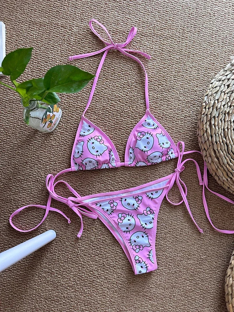 Sanrio Hello Kitty Kawaii Bikinis Set Niedlicher Cartoon Anime Sommer Strand Weiche Seite Riemchenhöschen Kawaii Badeanzug Sexy Bikini Y2k So ist Leben