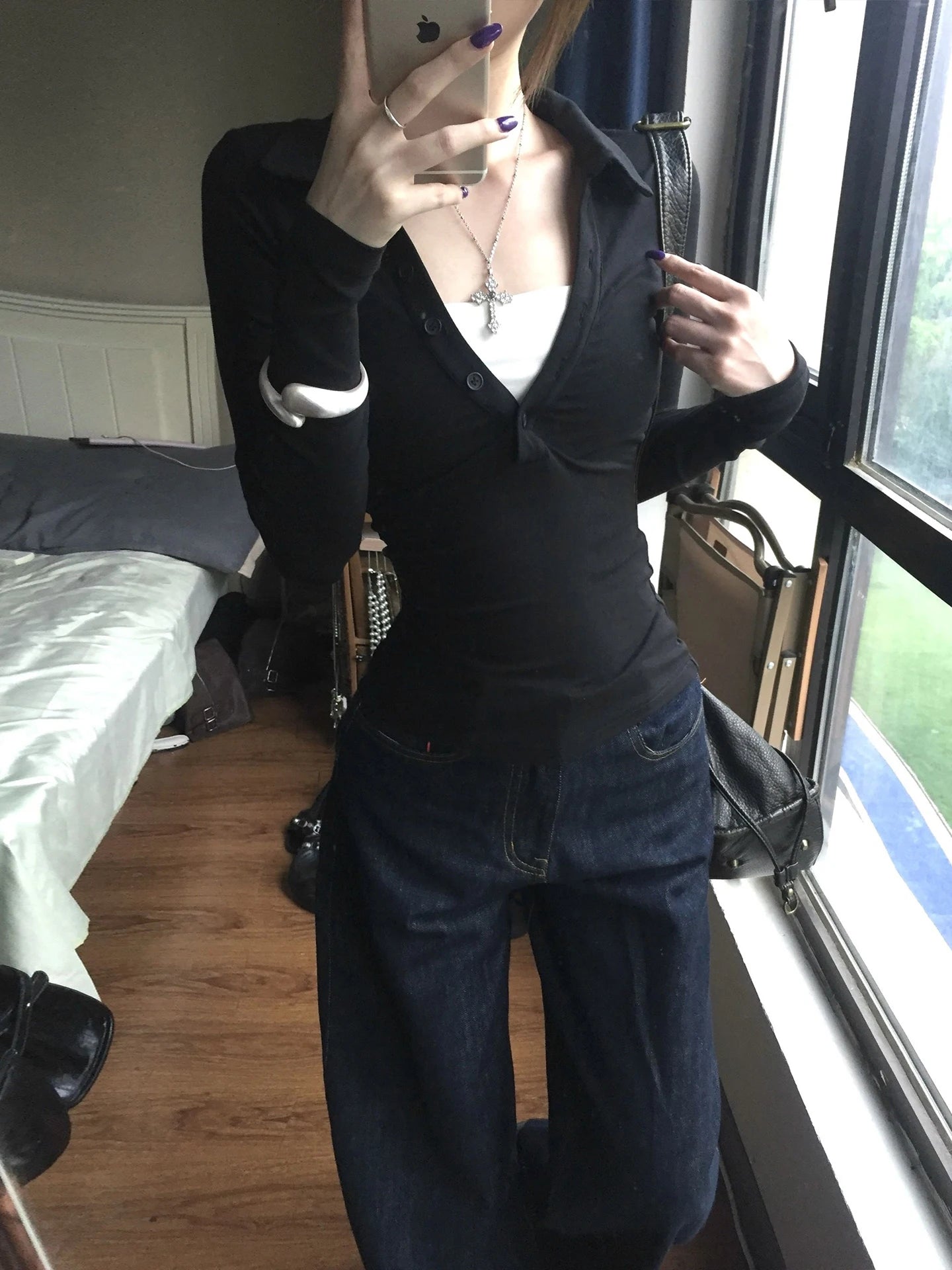 Genayooa American Retro Fake Two Pieces Tops Langarm Skinny Y2k Japanisches T-Shirt Damen Herbst 2000er Grunge Tops T-Shirt E-Girls So ist Leben