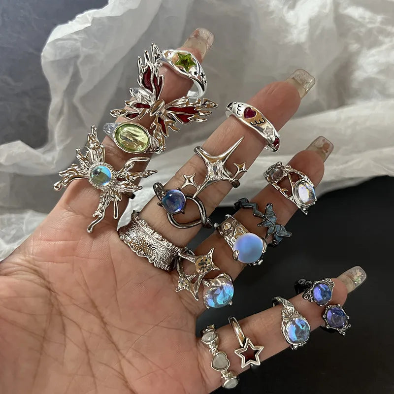 Y2K Kristall Ringe Kpop Herz Einstellbare Ring Unregelmäßige Geometrie Punk Vintage Ringe Set für Frauen Mädchen Neue Mode Schmuck So ist Leben