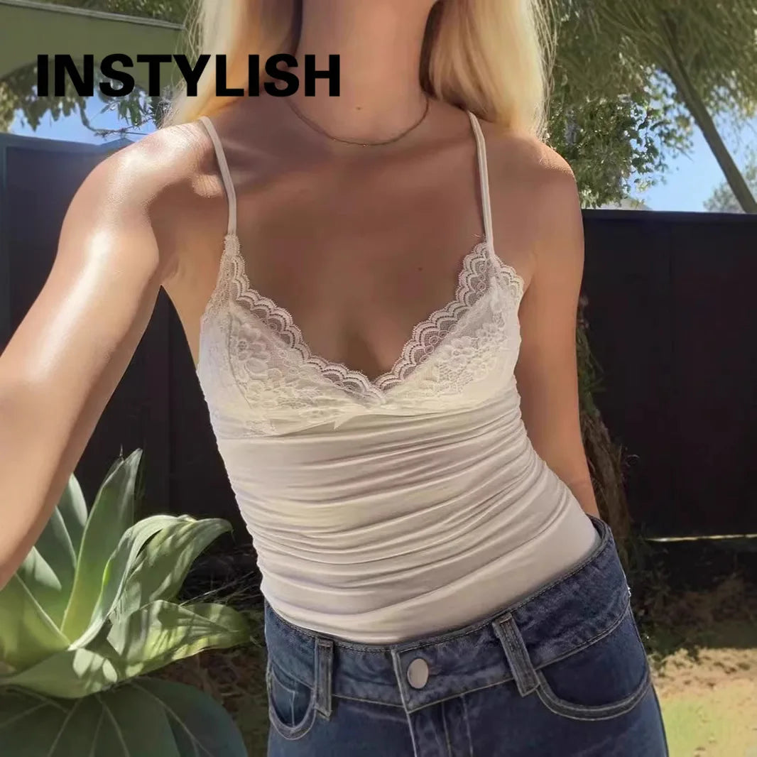 Damen Y2K Spitzen-V-Ausschnitt Spaghetti-Träger Camisole Top Slim Fit Schleife Ärmelloses Tanktop Sommer Sexy Streetwear Lässige Ausgehweste So ist Leben