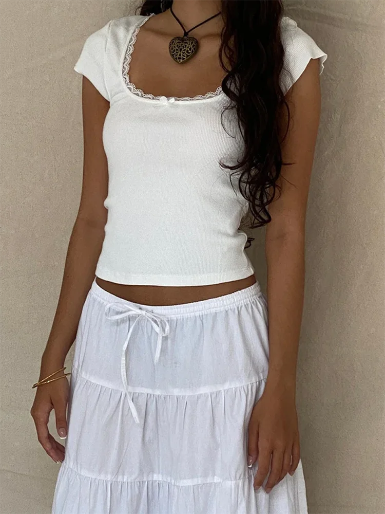 Y2k Vintage Baby T-Shirt Cottage Spitzenbesatz Gestricktes T-Shirt Sommer Square Neck Kurzarm T-Shirt Damen Weiß Milkmaid Crop Top So ist Leben