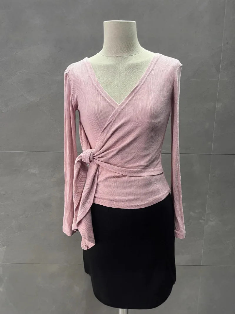 Slim Fit Kreuz Krawatte Langarm V-ausschnitt Koreanischen Stil Frühling Herbst T-Shirt Basis Shirt Sexy Oberbekleidung Top Polyester Stoff So ist Leben