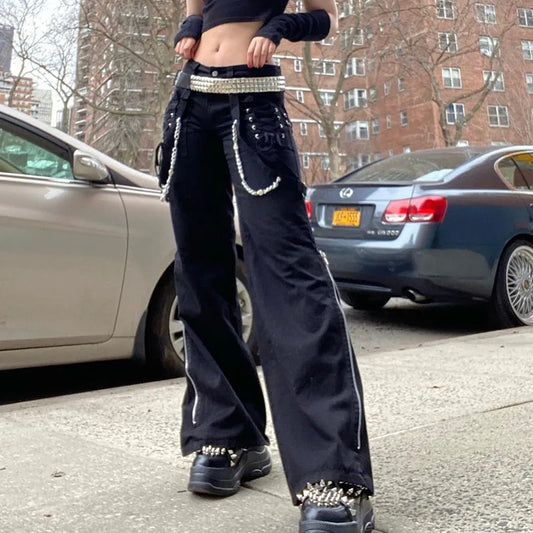 Frauen Hosen Hip Hop Hohe Taille Bandage Streetwear Niet Hosen Goth Dark Gothic Grunge Schwarz Hosen Harajuku Punk Breite Bein So ist Leben