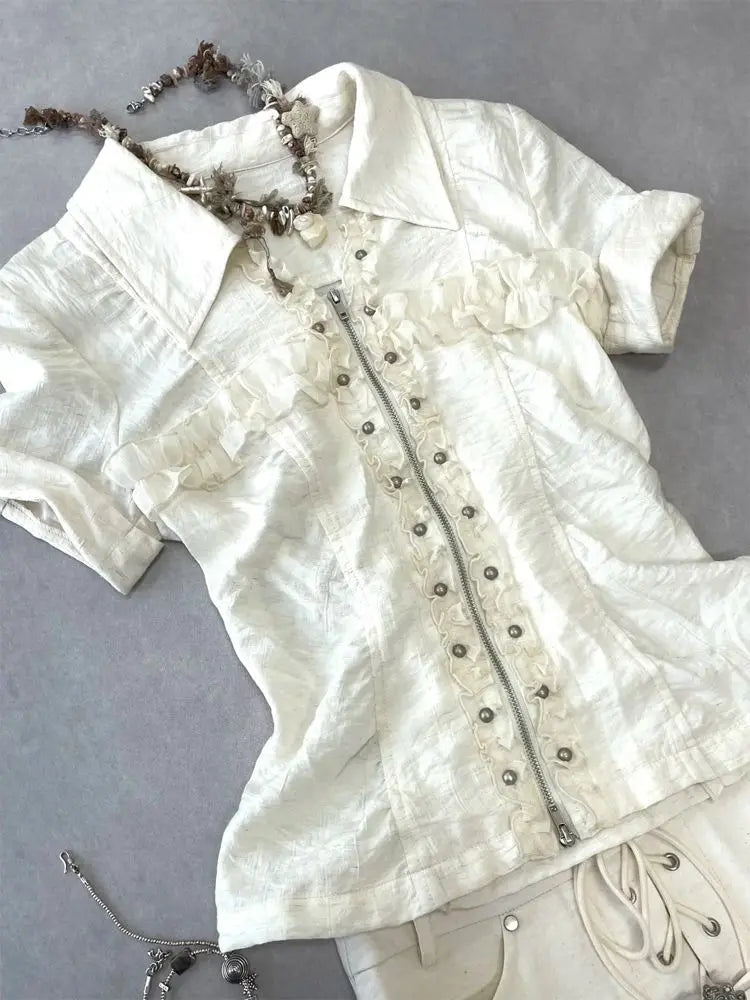 Punk Kleider 2 Stück Harajuku Gyaru Streetwear Reißverschluss Shirt Kurzarm Polo Neck Mode Y2k Minirock Vintage 2000er Jahre Kleid So ist Leben