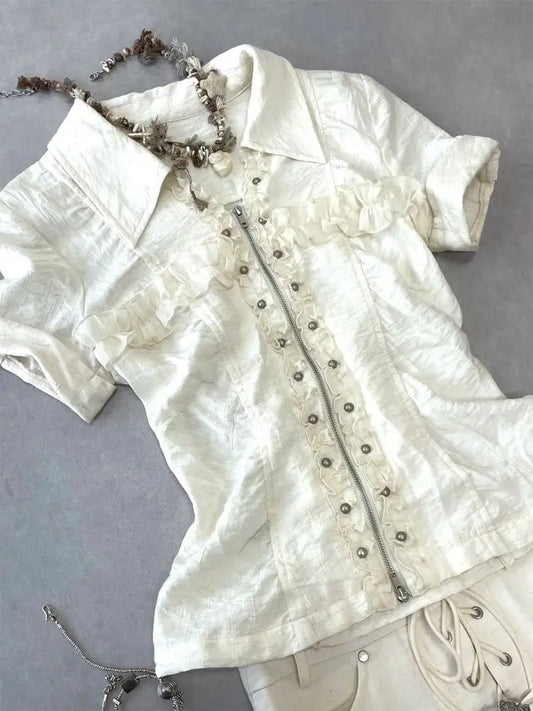 Punk Kleider 2 Stück Harajuku Gyaru Streetwear Reißverschluss Shirt Kurzarm Polo Neck Mode Y2k Minirock Vintage 2000er Jahre Kleid So ist Leben