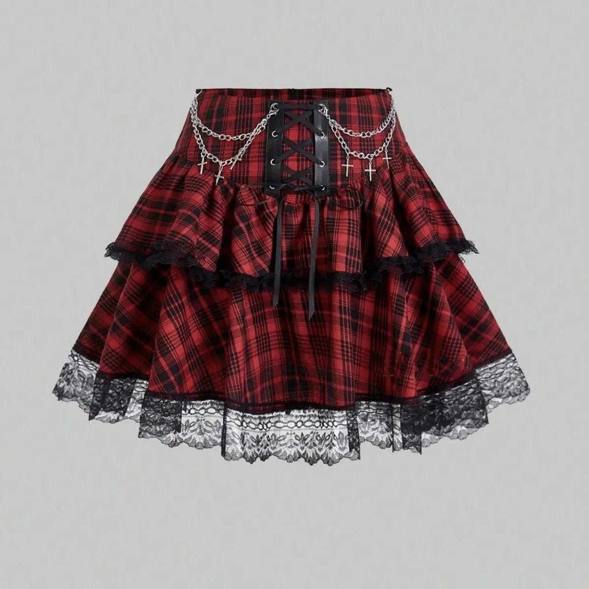 Plaid Print Subkulturen Punk Rock Y2k Mini Rock Hohe Taille Rüschen Kuchen Spitze Up Harajuku Gothic 2000er Jahre Ballkleid röcke für Frauen So ist Leben