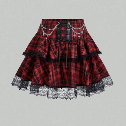 Plaid Print Subkulturen Punk Rock Y2k Mini Rock Hohe Taille Rüschen Kuchen Spitze Up Harajuku Gothic 2000er Jahre Ballkleid röcke für Frauen So ist Leben