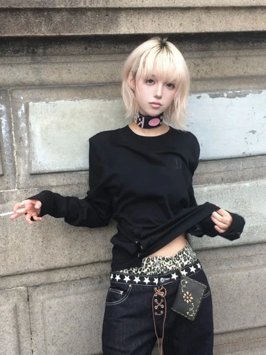 Genayooa Gothic Vintage T-shirt Frauen Langarm Taste Y2k Retro Schwarz Grunge Tops Streetwear 2000er Jahre Drucken T-shirts Herbst So ist Leben