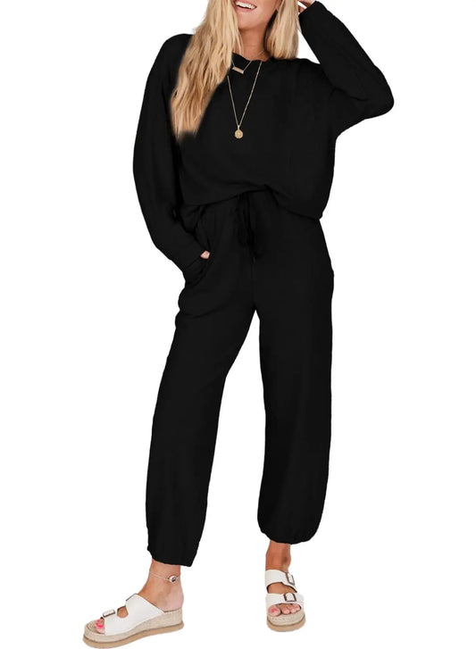 2-teiliges Damen-Set aus Waffelstrick, Freizeitanzug, langärmelig, Pullover, Kordelzug, Jogginghose, Sweatshirt-Set So ist Leben