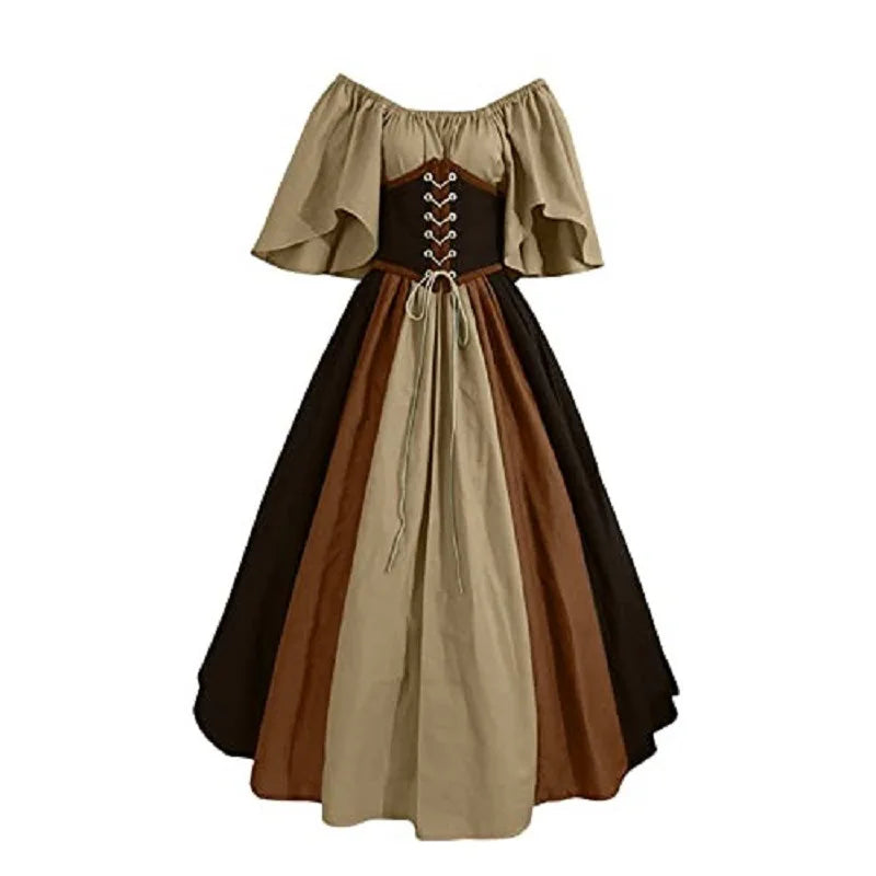 Damen Patchwork Mittelalter Renaissance Kleid Halloween Gothic schulterfreies Retro Langes Kleid So ist Leben