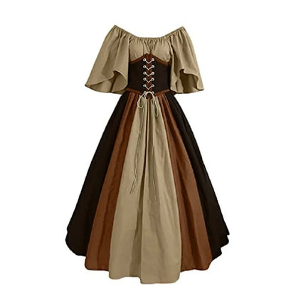 Damen Patchwork Mittelalter Renaissance Kleid Halloween Gothic schulterfreies Retro Langes Kleid So ist Leben
