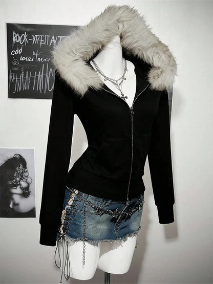 Y2K Harajuku Gothic frauen Hoodie Sexy Schlank Chic Wildleder Pelz Kragen Brief Drucken Strickjacke Sweatshirt Weibliche Streetwear So ist Leben