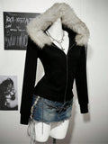 Y2K Harajuku Gothic frauen Hoodie Sexy Schlank Chic Wildleder Pelz Kragen Brief Drucken Strickjacke Sweatshirt Weibliche Streetwear So ist Leben